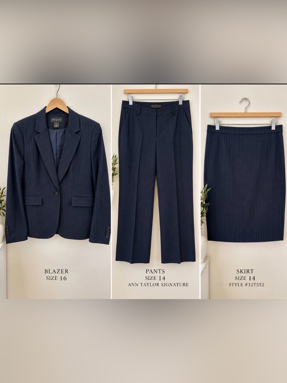 Ann Taylor Navy Pinstripe 3 Piece Suit Blazer 16 Pants 14 Skirt 14